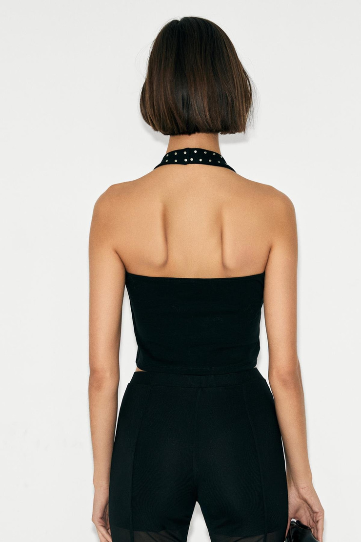 ALLURE Kadın Halter Yaka Sırtı Açık Yapıştırma Taş Detaylı Esnek Kumaşlı Siyah Bluz