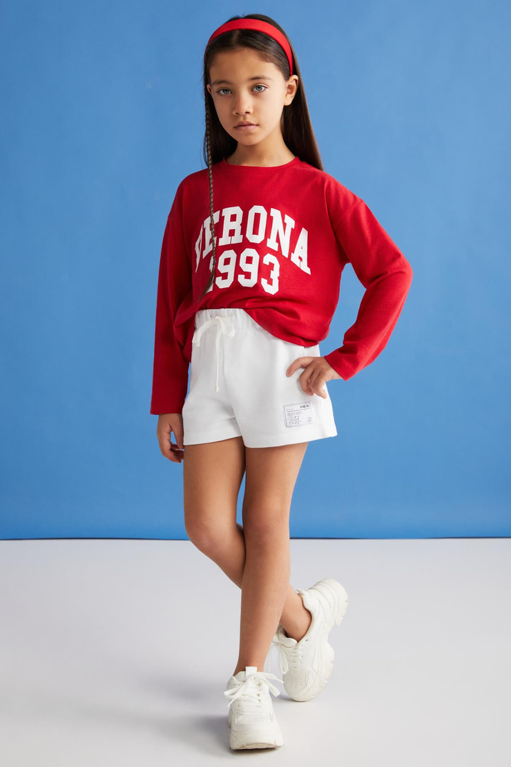 AMARE-GRM24037 100% pamuk 3 iplik süs etiketli kız çocuk şort Ekru Şort