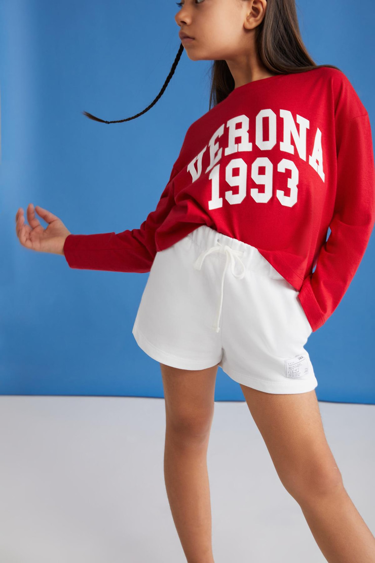 AMARE-GRM24037 100% pamuk 3 iplik süs etiketli kız çocuk şort Ekru Şort