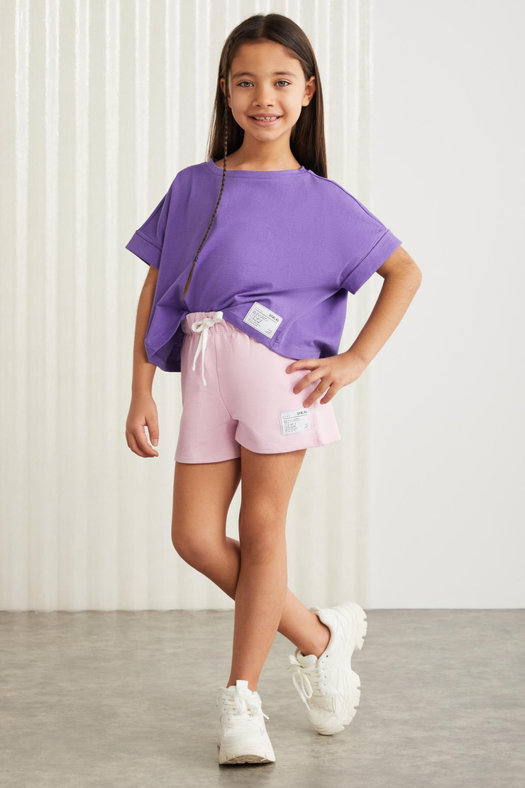 AMARE-GRM24037 100% pamuk 3 iplik süs etiketli kız çocuk şort Pembe Şort