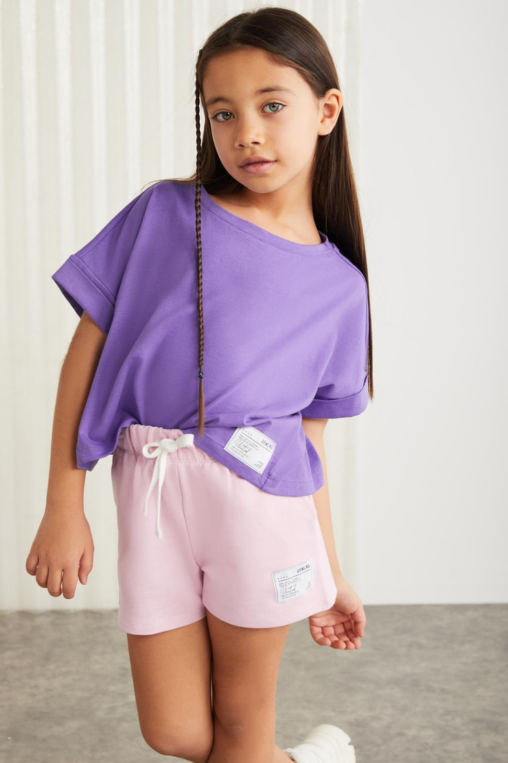 AMARE-GRM24037 100% pamuk 3 iplik süs etiketli kız çocuk şort Pembe Şort