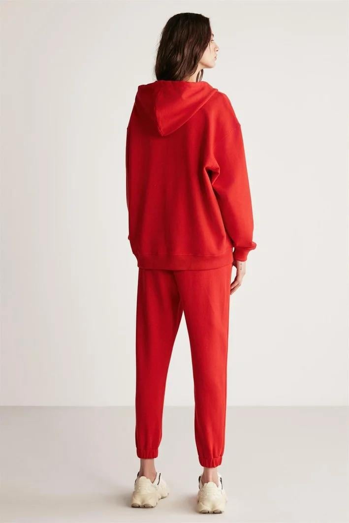 AMETIS Kadın İçi Polarlı Nakış Yazı Detaylı Organik Pamuk Oversize Kapüşonlu Kırmızı Sweatshirt