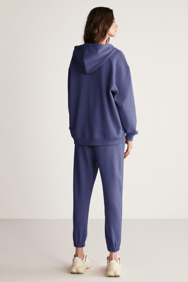 AMETIS Kadın İçi Polarlı Nakış Yazı Detaylı Organik Pamuk Oversize Kapüşonlu Lacivert Sweatshirt