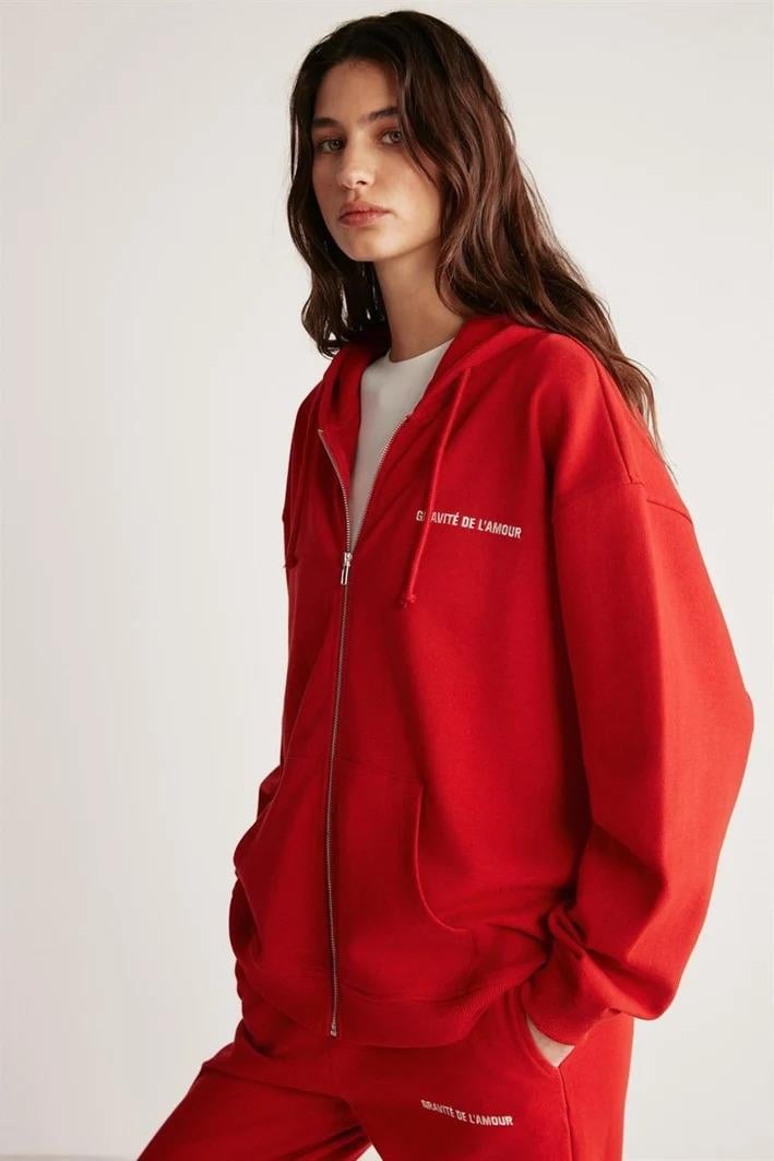 AMETIS Kadın İçi Polarlı Nakış Yazı Detaylı Organik Pamuk Oversize Kapüşonlu Kırmızı Sweatshirt