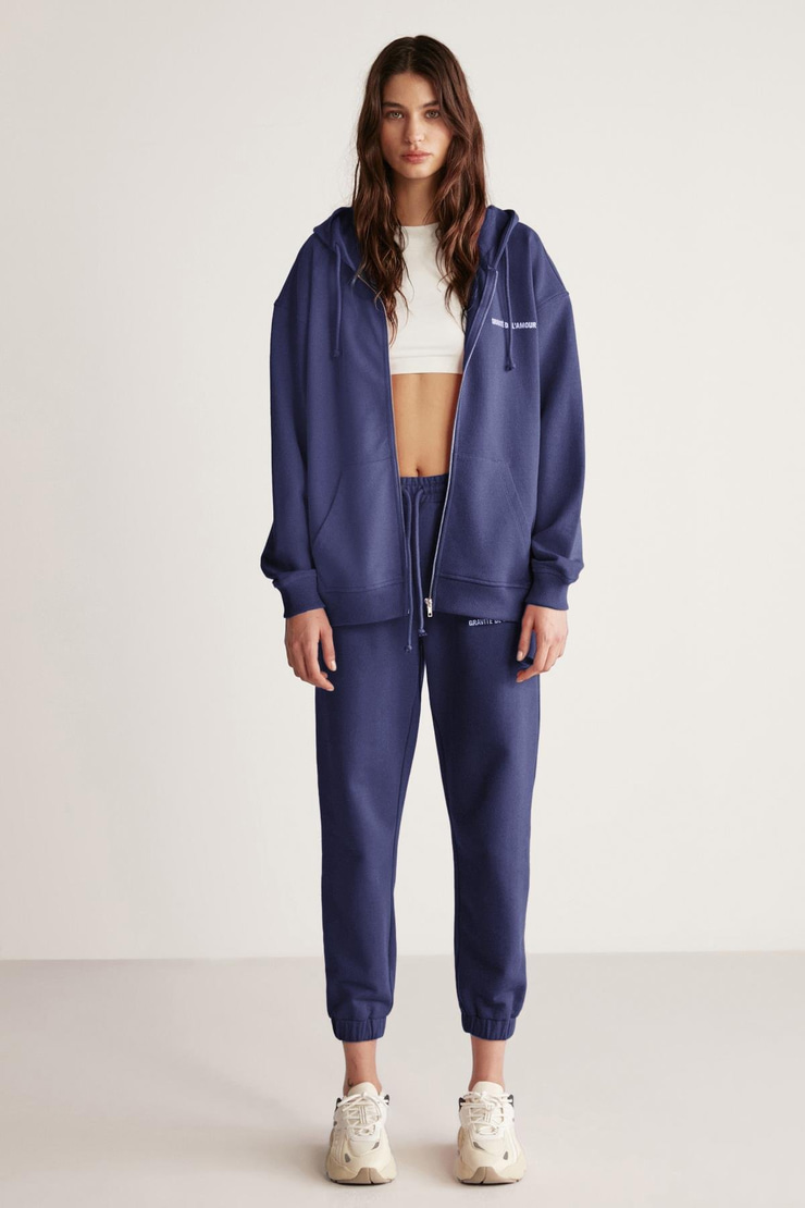 AMETIS Kadın İçi Polarlı Nakış Yazı Detaylı Organik Pamuk Oversize Kapüşonlu Lacivert Sweatshirt