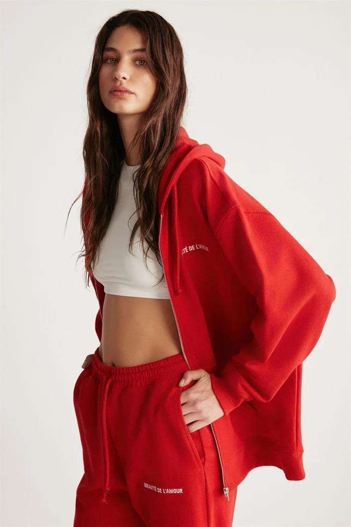 AMETIS Kadın İçi Polarlı Nakış Yazı Detaylı Organik Pamuk Oversize Kapüşonlu Kırmızı Sweatshirt