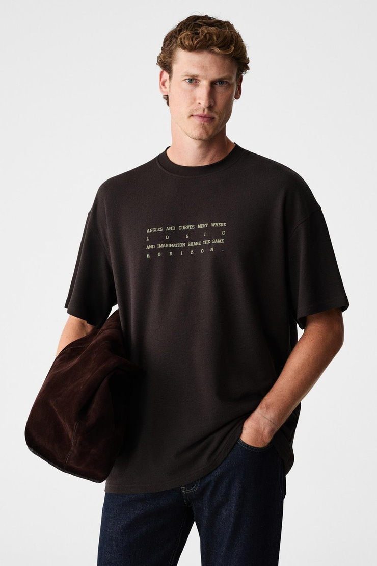 ANGLES Erkek %100 Organik Pamuk Baskılı Bisiklet Yakalı Oversize Acı Kahve T-Shirt