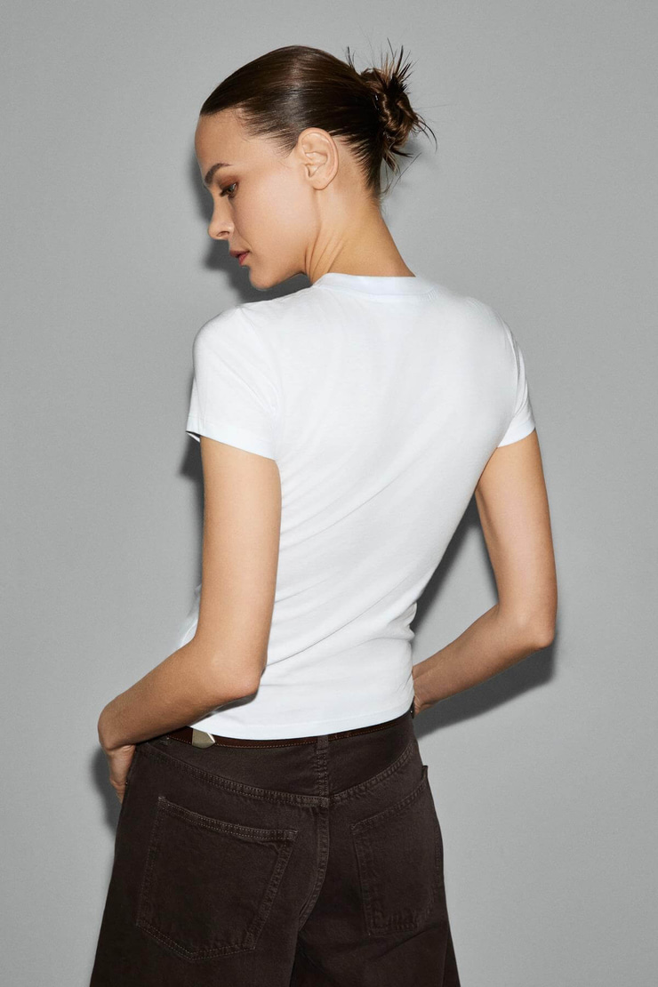 ARELUNA Kadın Organik Pamuklu Bisiklet Yaka Kısa Kollu Slim Fit Beyaz T-Shirt