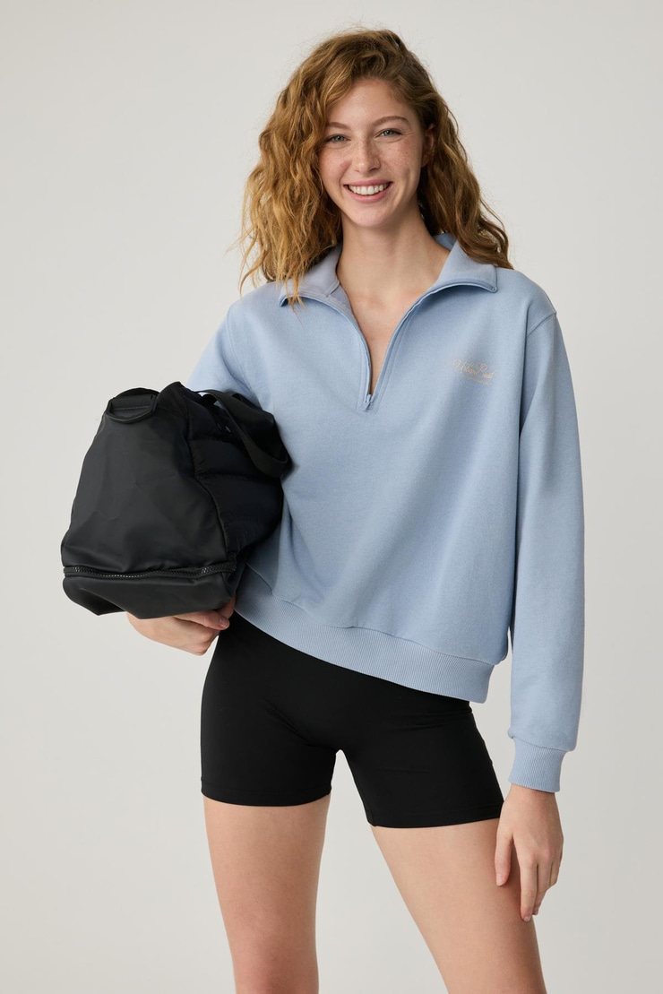 ARUNA Kadın Dik Yakalı Fermuarlı Baskı Detaylı Relaxed Açık Mavi Sweatshirt