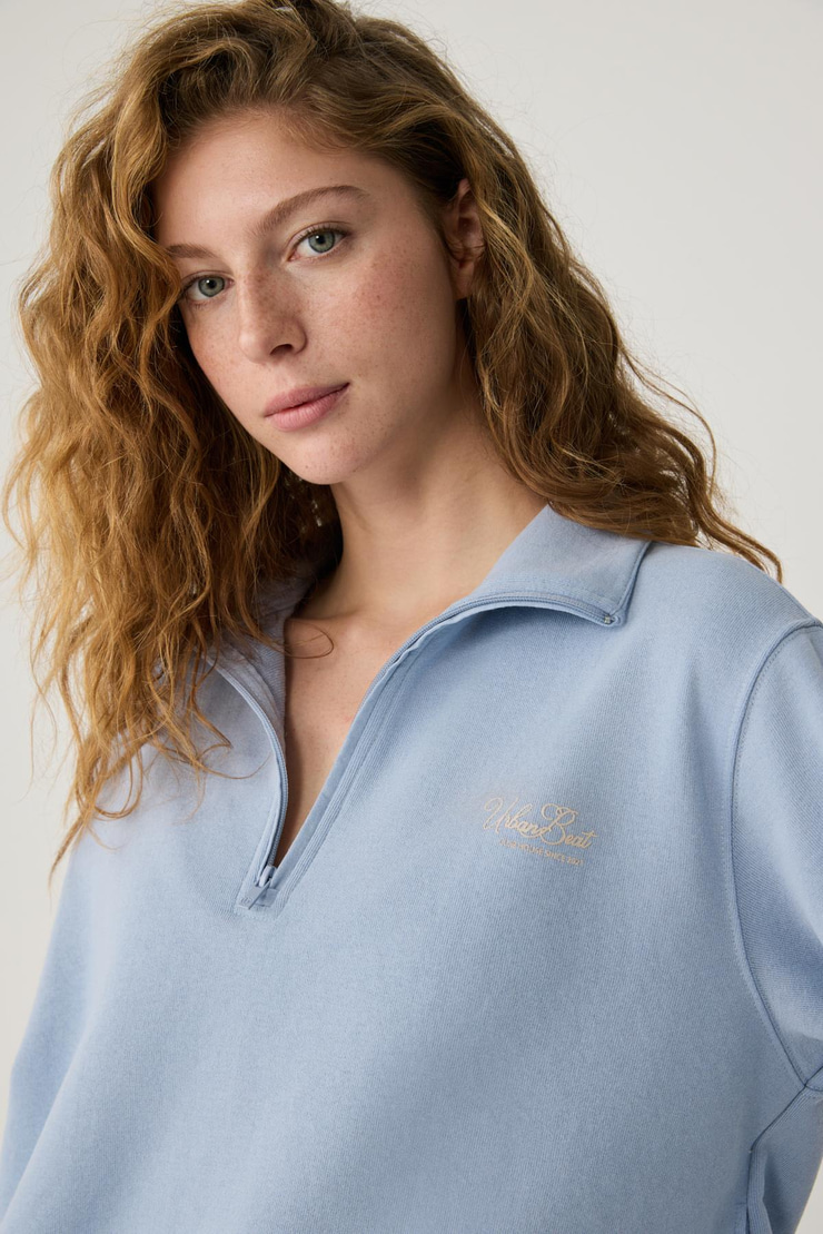 ARUNA Kadın Dik Yakalı Fermuarlı Baskı Detaylı Relaxed Açık Mavi Sweatshirt