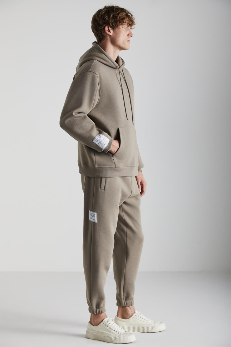 ASHBOURNE Erkek Oversize Fit Kanguru Cepli Lastikli Paça Kol Etiket Detaylı Vizon Eşofman Takımı