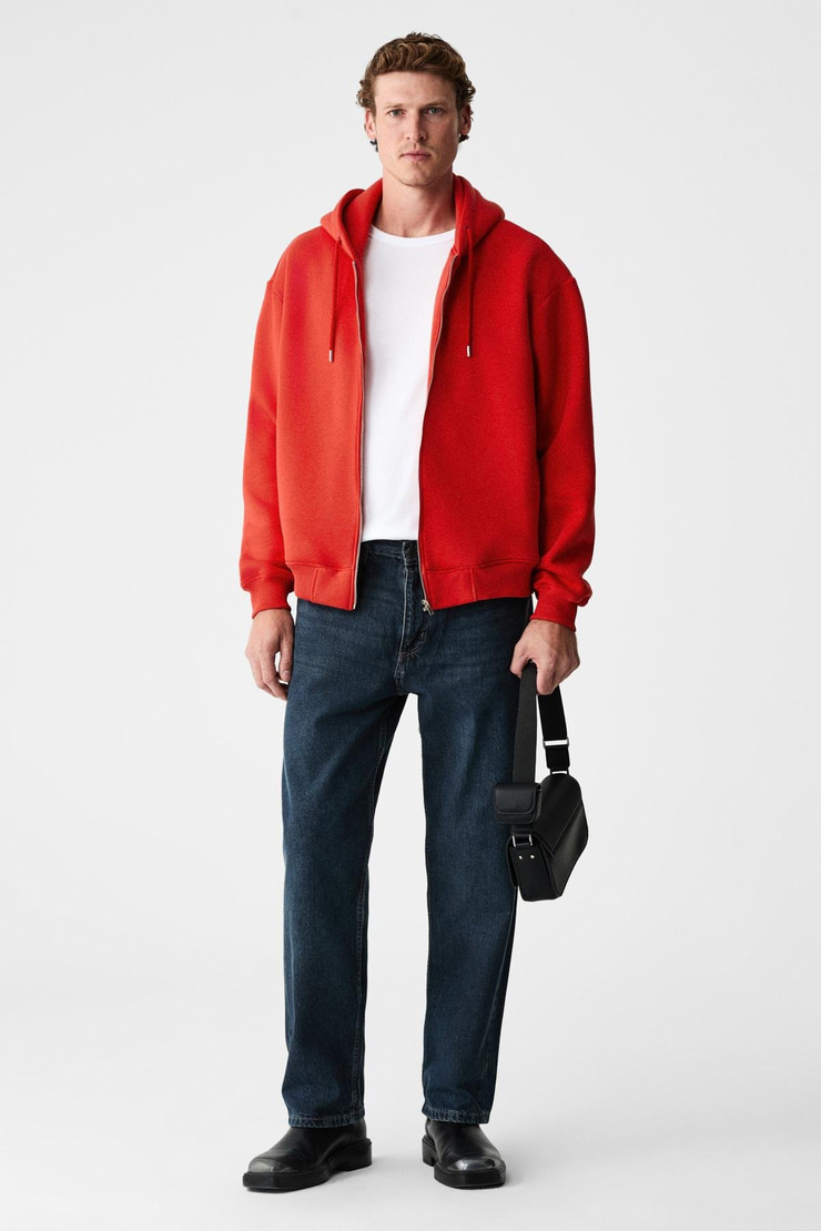 ASHBY Erkek Kapüşonlu Fermuarlı Cepli Kordonlu Boxy Kalıp Kırmızı Sweatshirt