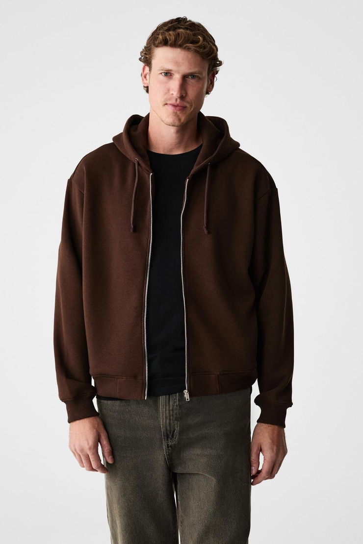 ASHBY Erkek Kapüşonlu Fermuarlı Cepli Kordonlu Boxy Kalıp Acı Kahve Sweatshirt