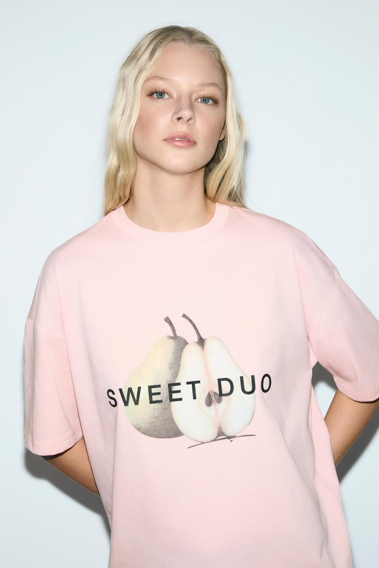 ASTERIVE Kadın Organik Pamuklu Baskılı Bisiklet Yaka Oversıze Somon T-Shirt