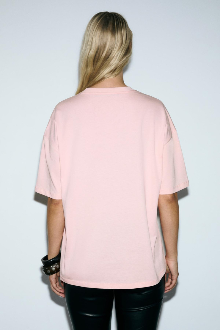 ASTERIVE Kadın Organik Pamuklu Baskılı Bisiklet Yaka Oversıze Somon T-Shirt