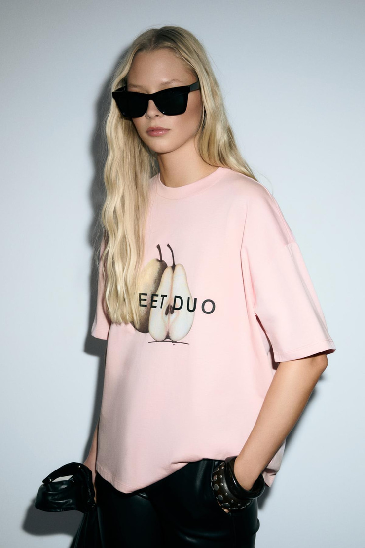 ASTERIVE Kadın Organik Pamuklu Baskılı Bisiklet Yaka Oversıze Somon T-Shirt