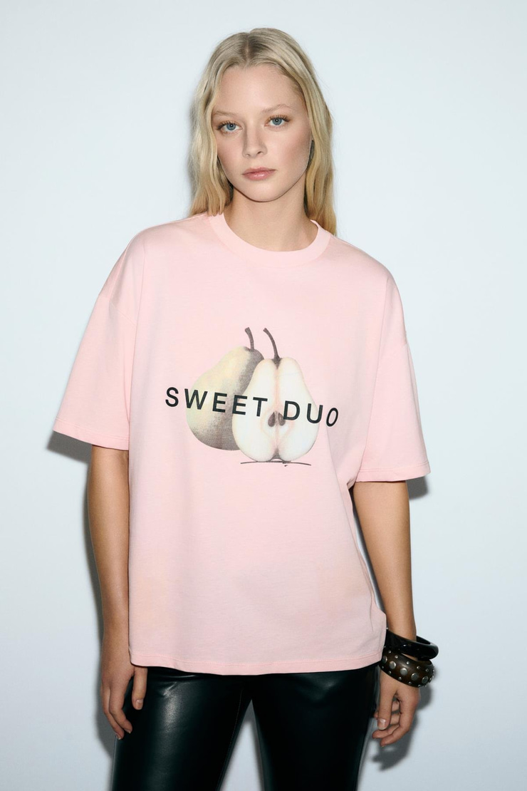 ASTERIVE Kadın Organik Pamuklu Baskılı Bisiklet Yaka Oversıze Somon T-Shirt