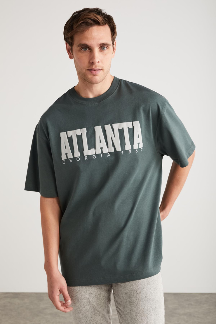 ATLANTA Erkek %100 Pamuklu Kısa Kollu Baskı Detaylı Yeşil T-Shirt