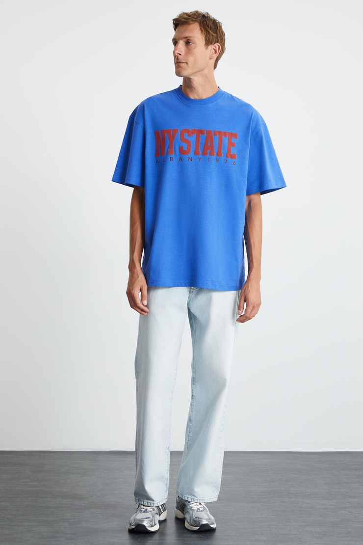 ATLANTA Erkek %100 Pamuklu Kısa Kollu Baskı Detaylı Parlament Mavi T-Shirt