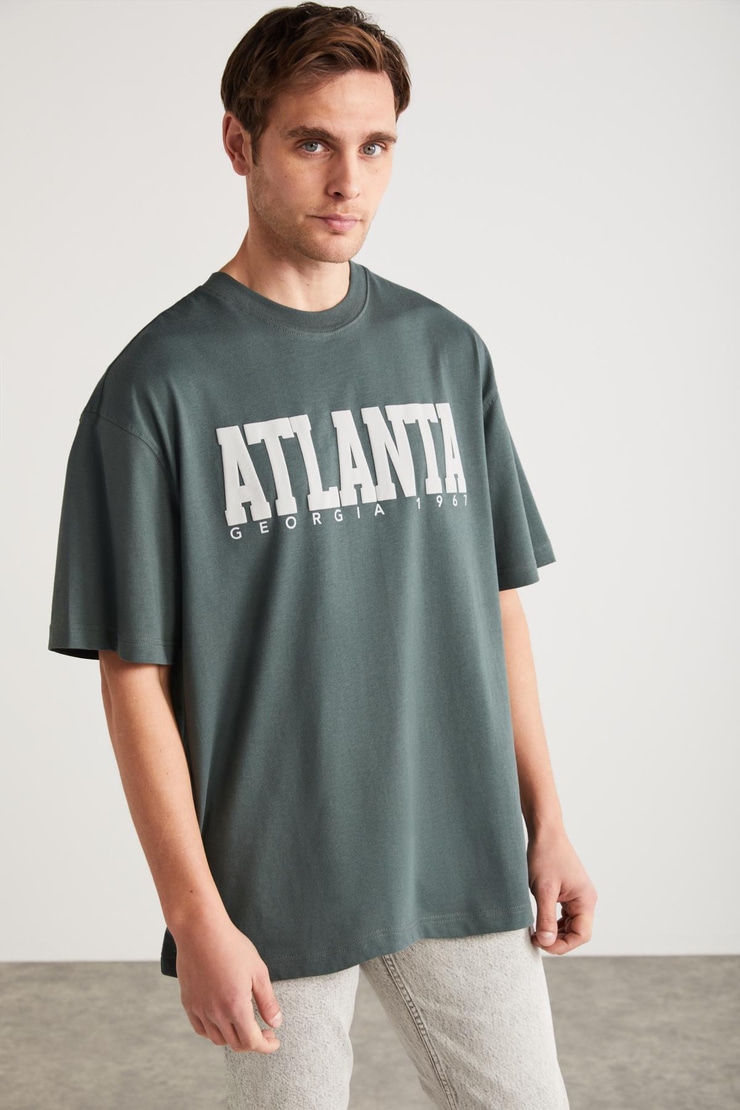 ATLANTA Erkek %100 Pamuklu Kısa Kollu Baskı Detaylı Yeşil T-Shirt