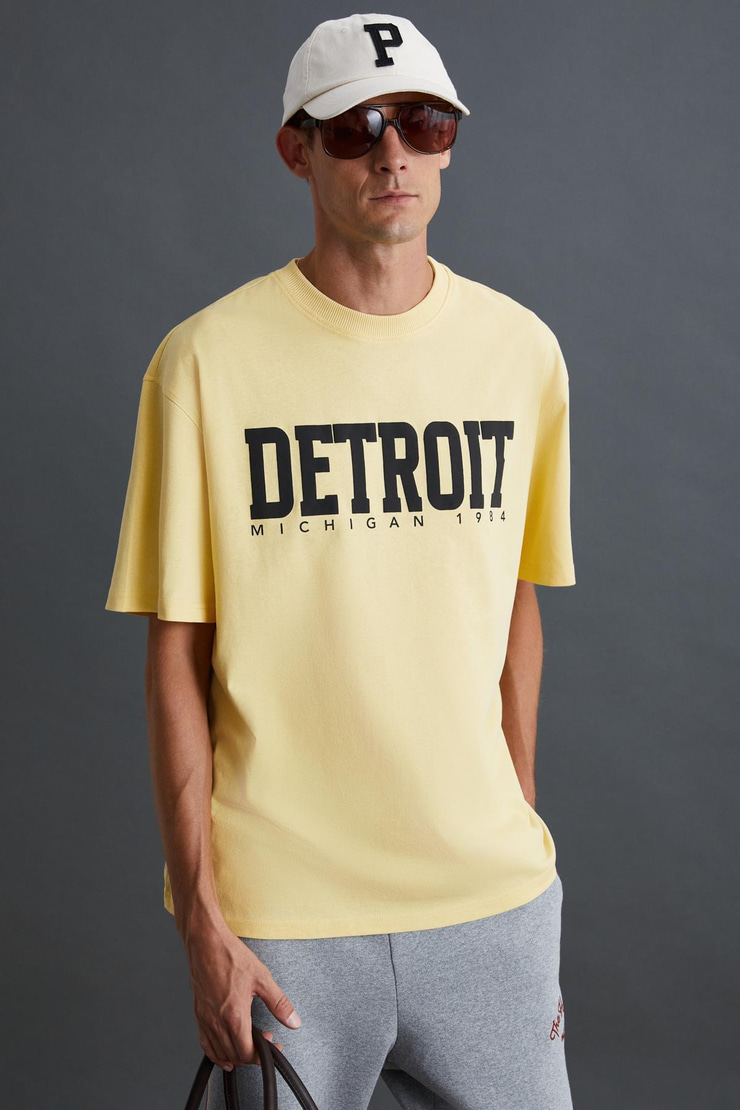 ATLANTA Erkek %100 Pamuklu Kısa Kollu Baskı Detaylı Sarı T-Shirt