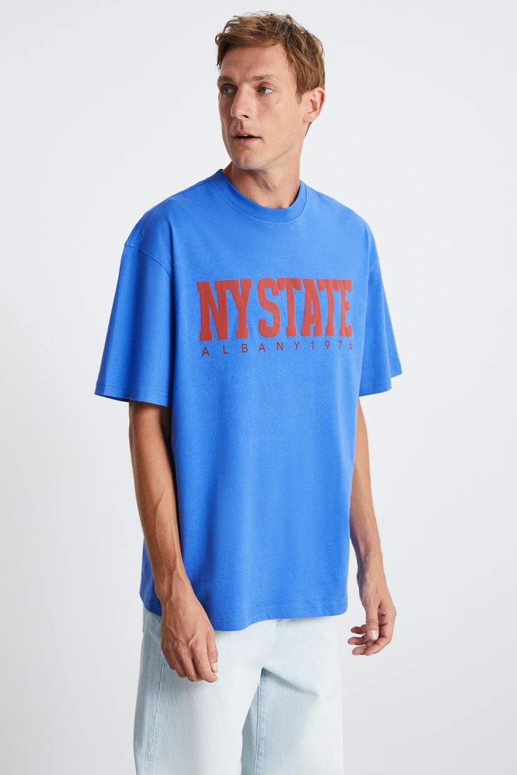 ATLANTA Erkek %100 Pamuklu Kısa Kollu Baskı Detaylı Parlament Mavi T-Shirt