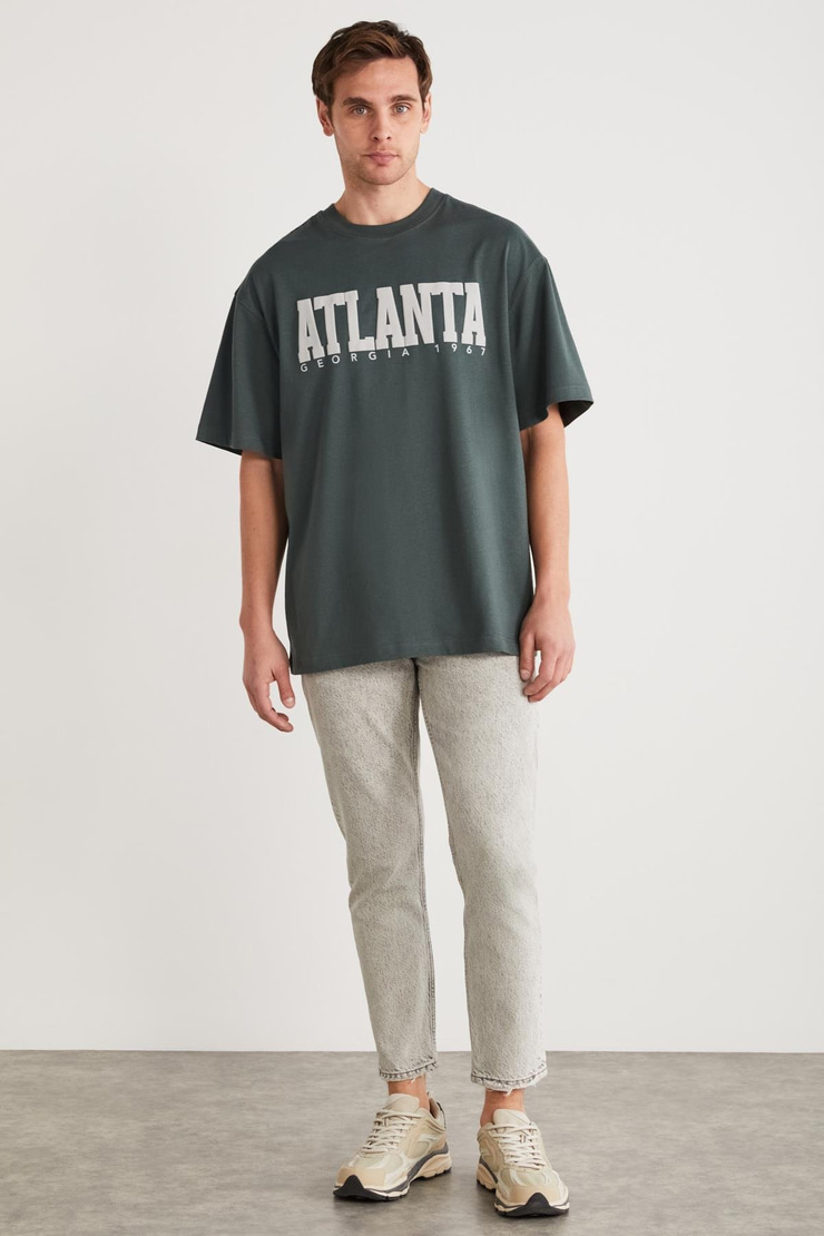 ATLANTA Erkek %100 Pamuklu Kısa Kollu Baskı Detaylı Yeşil T-Shirt