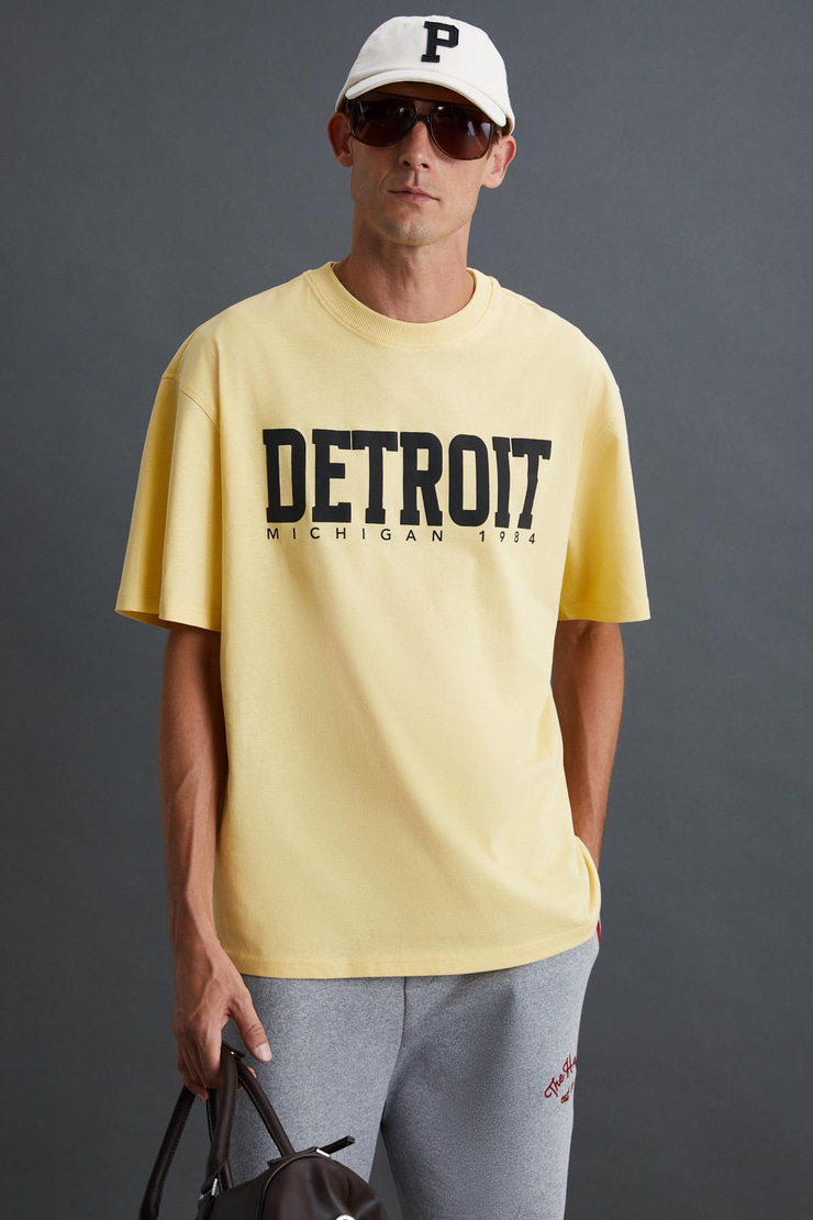 ATLANTA Erkek %100 Pamuklu Kısa Kollu Baskı Detaylı Sarı T-Shirt