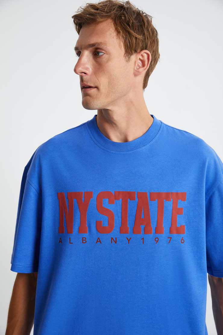 ATLANTA Erkek %100 Pamuklu Kısa Kollu Baskı Detaylı Parlament Mavi T-Shirt