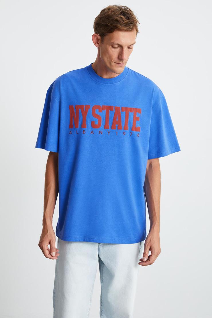 ATLANTA Erkek %100 Pamuklu Kısa Kollu Baskı Detaylı Parlament Mavi T-Shirt