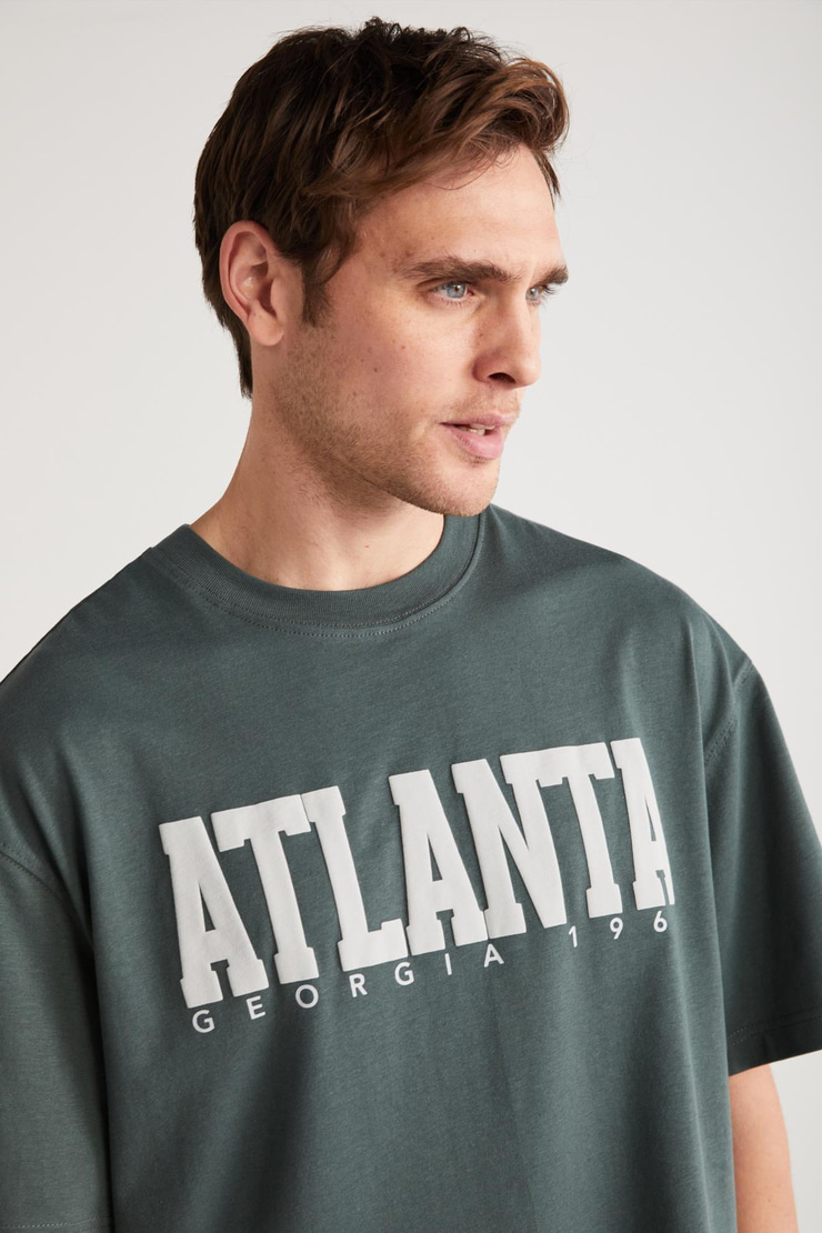 ATLANTA Erkek %100 Pamuklu Kısa Kollu Baskı Detaylı Yeşil T-Shirt