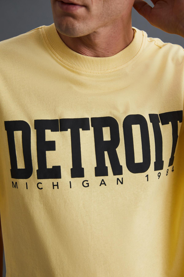 ATLANTA Erkek %100 Pamuklu Kısa Kollu Baskı Detaylı Sarı T-Shirt