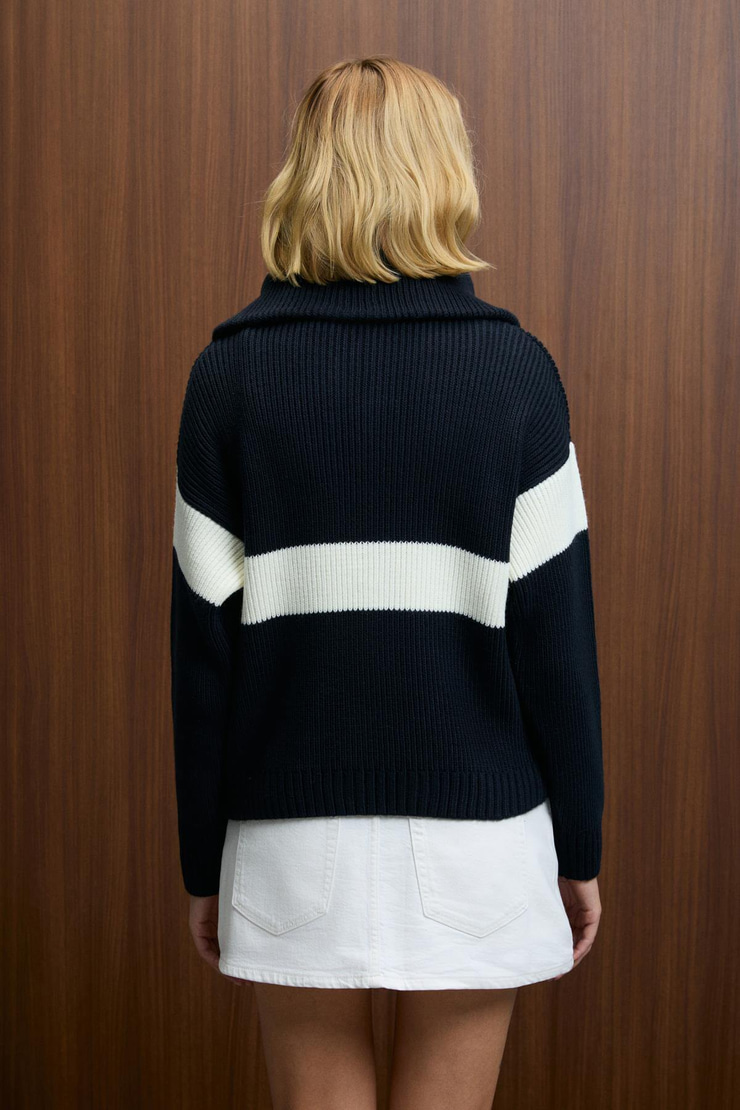 AUDAZ Kadın Fermuarlı Dik Yakalı Uzun Kollu Relaxed Fit Triko Lacivert - Ekru Kazak