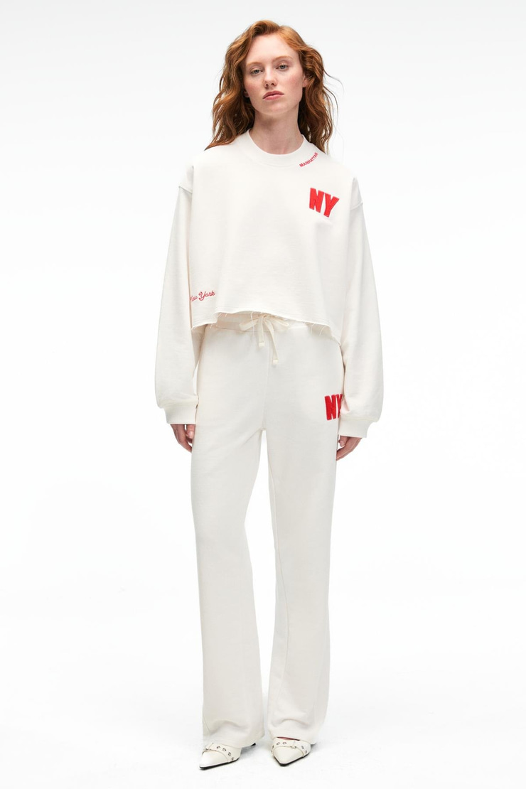 AVENZA Kadın Nakış Detaylı Yanları Cepli Regular Geniş Paçalı Ekru Eşofman Altı