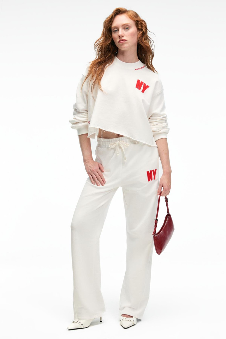 AVENZA Kadın Nakış Detaylı Yanları Cepli Regular Geniş Paçalı Ekru Eşofman Altı