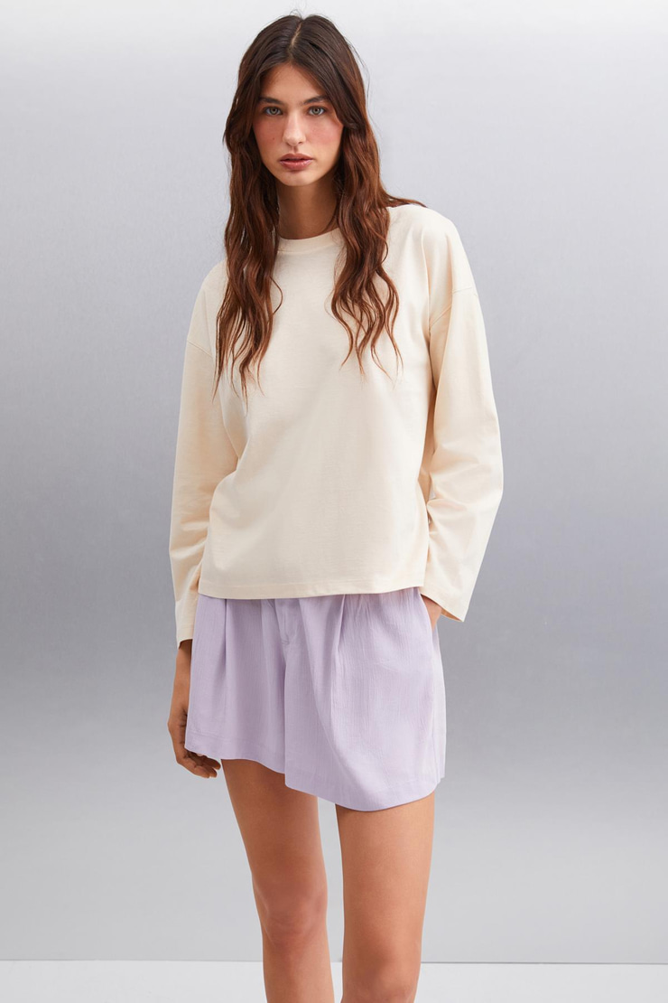 BASIL Erkek Sırt Baskı Detaylı Oversize %100 Organik Pamuk Örme Uzun Kol Bej T-Shirt