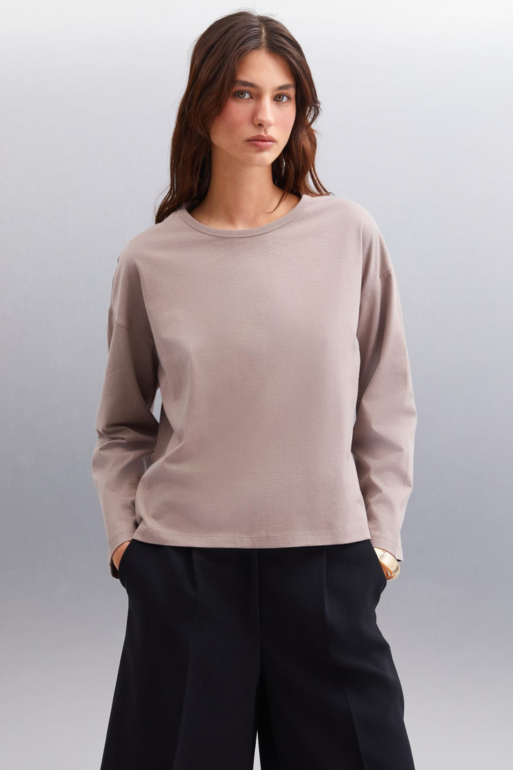 BASIL Erkek Sırt Baskı Detaylı Oversize %100 Organik Pamuk Örme Uzun Kol Vizon T-Shirt