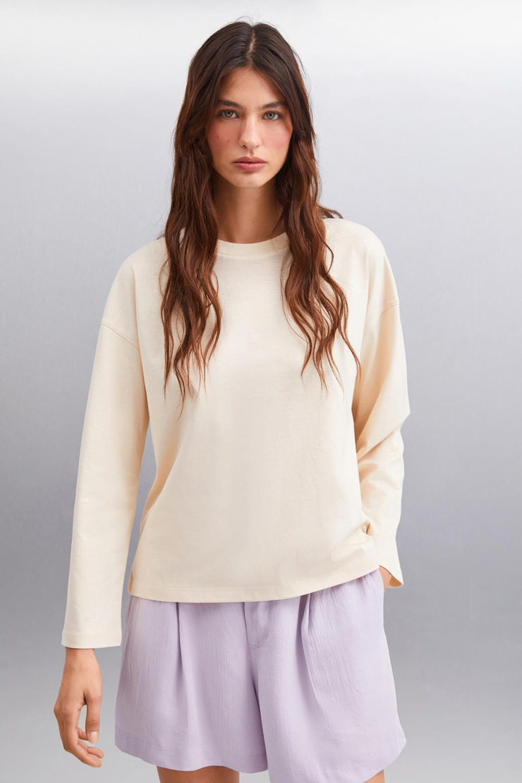 BASIL Erkek Sırt Baskı Detaylı Oversize %100 Organik Pamuk Örme Uzun Kol Bej T-Shirt