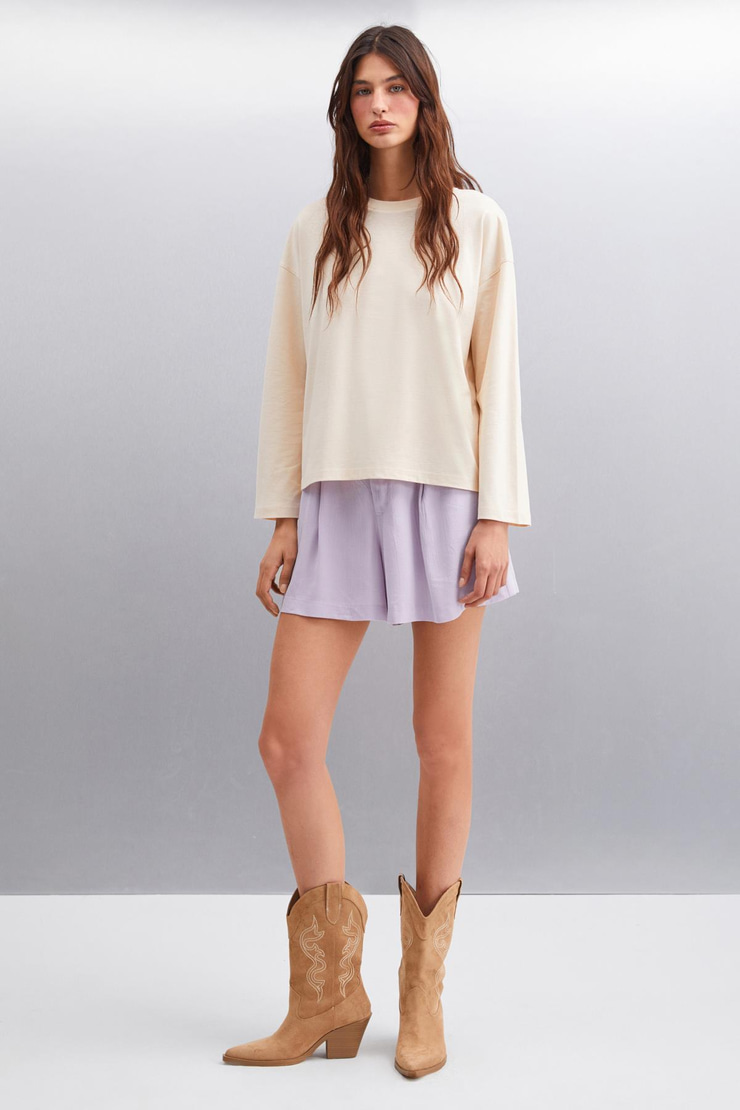 BASIL Erkek Sırt Baskı Detaylı Oversize %100 Organik Pamuk Örme Uzun Kol Bej T-Shirt