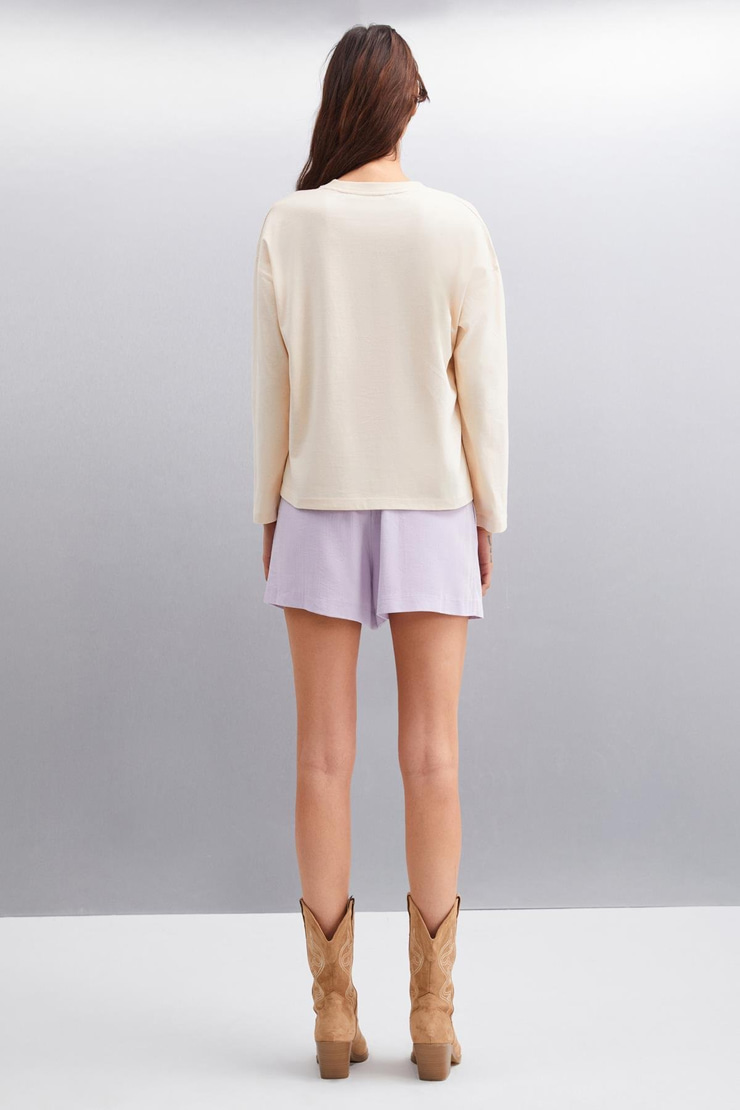 BASIL Erkek Sırt Baskı Detaylı Oversize %100 Organik Pamuk Örme Uzun Kol Bej T-Shirt