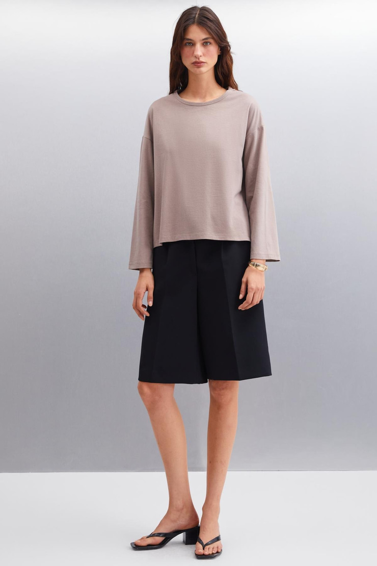 BASIL Erkek Sırt Baskı Detaylı Oversize %100 Organik Pamuk Örme Uzun Kol Vizon T-Shirt