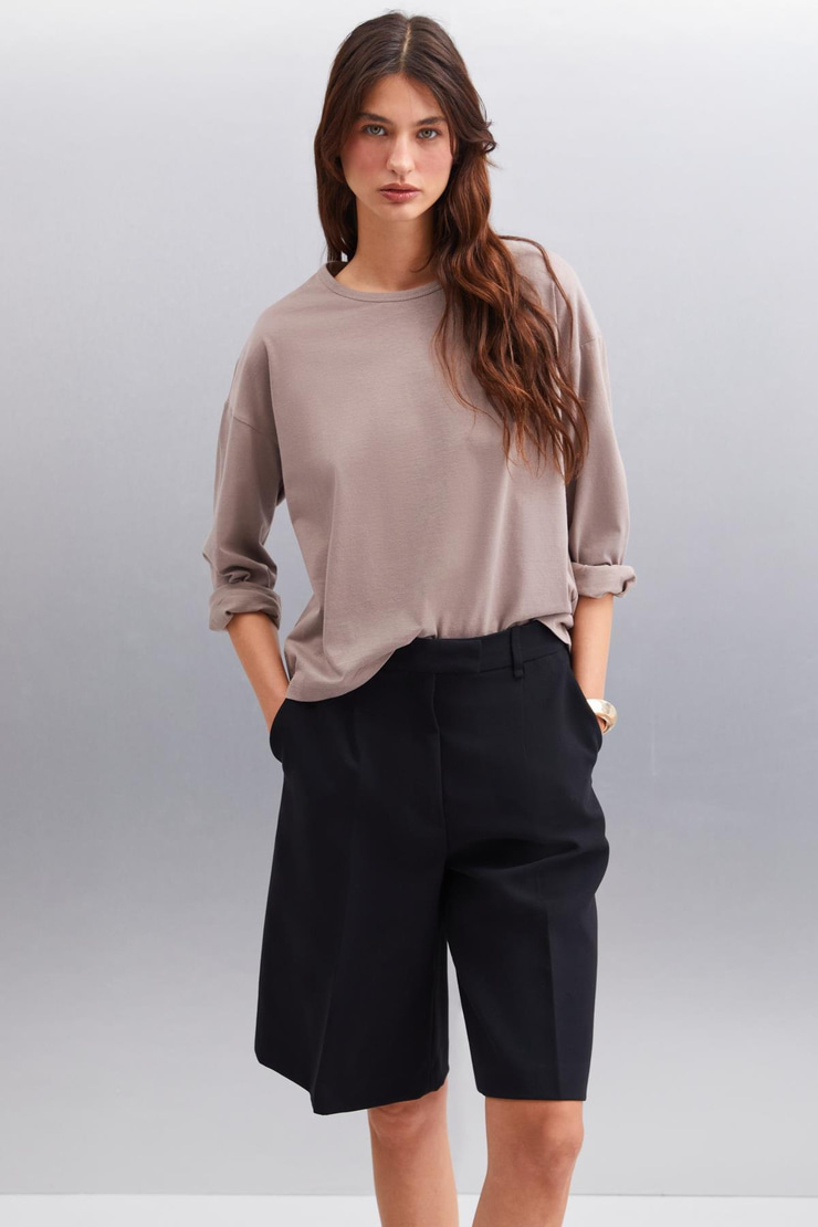 BASIL Erkek Sırt Baskı Detaylı Oversize %100 Organik Pamuk Örme Uzun Kol Vizon T-Shirt