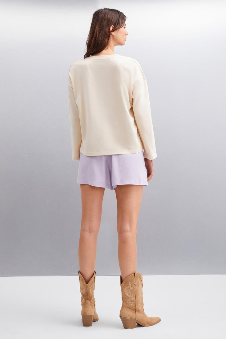 BASIL Erkek Sırt Baskı Detaylı Oversize %100 Organik Pamuk Örme Uzun Kol Bej T-Shirt