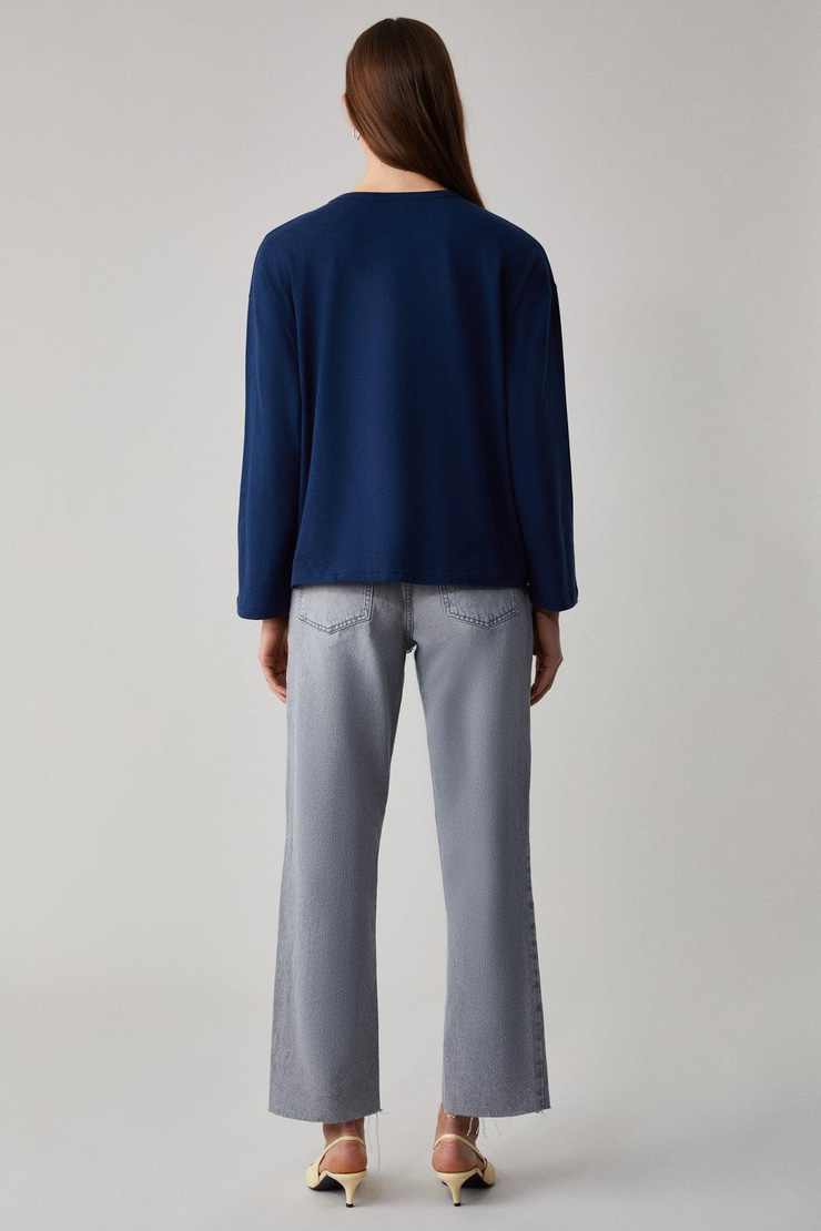 BASIL Kadını Oversize %100 Organik Pamuk Örme Uzun Kol Lacivert T-Shirt