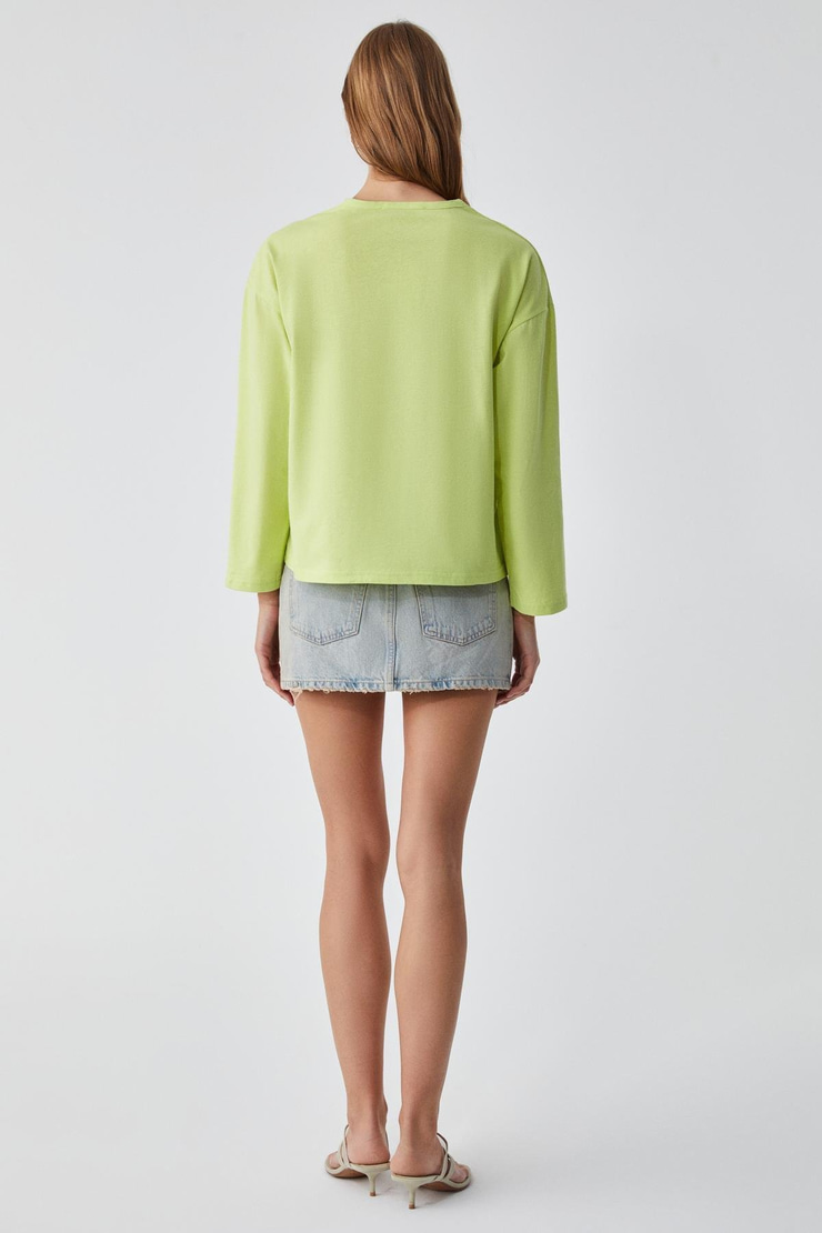 BASIL Kadını Oversize %100 Organik Pamuk Örme Uzun Kol Yeşil T-Shirt