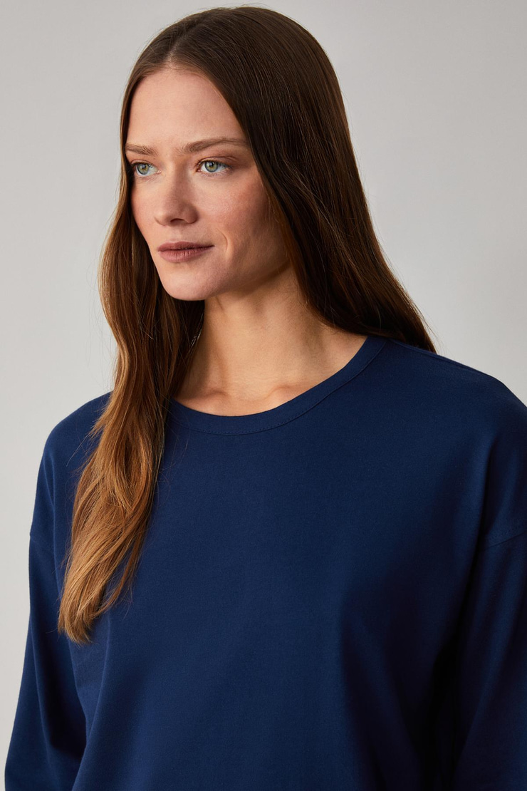 BASIL Kadını Oversize %100 Organik Pamuk Örme Uzun Kol Lacivert T-Shirt