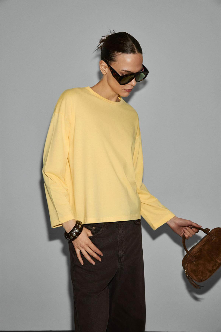 BASIL Kadını Oversize %100 Organik Pamuk Örme Uzun Kol Sarı T-Shirt