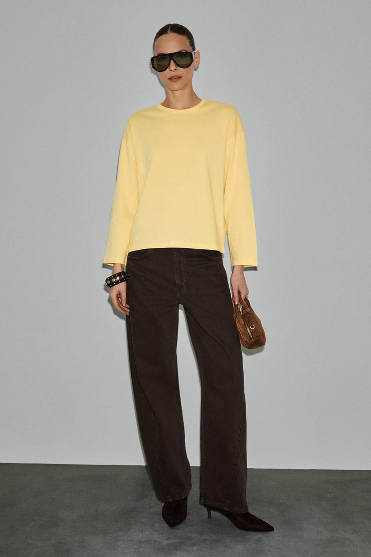 BASIL Kadını Oversize %100 Organik Pamuk Örme Uzun Kol Sarı T-Shirt