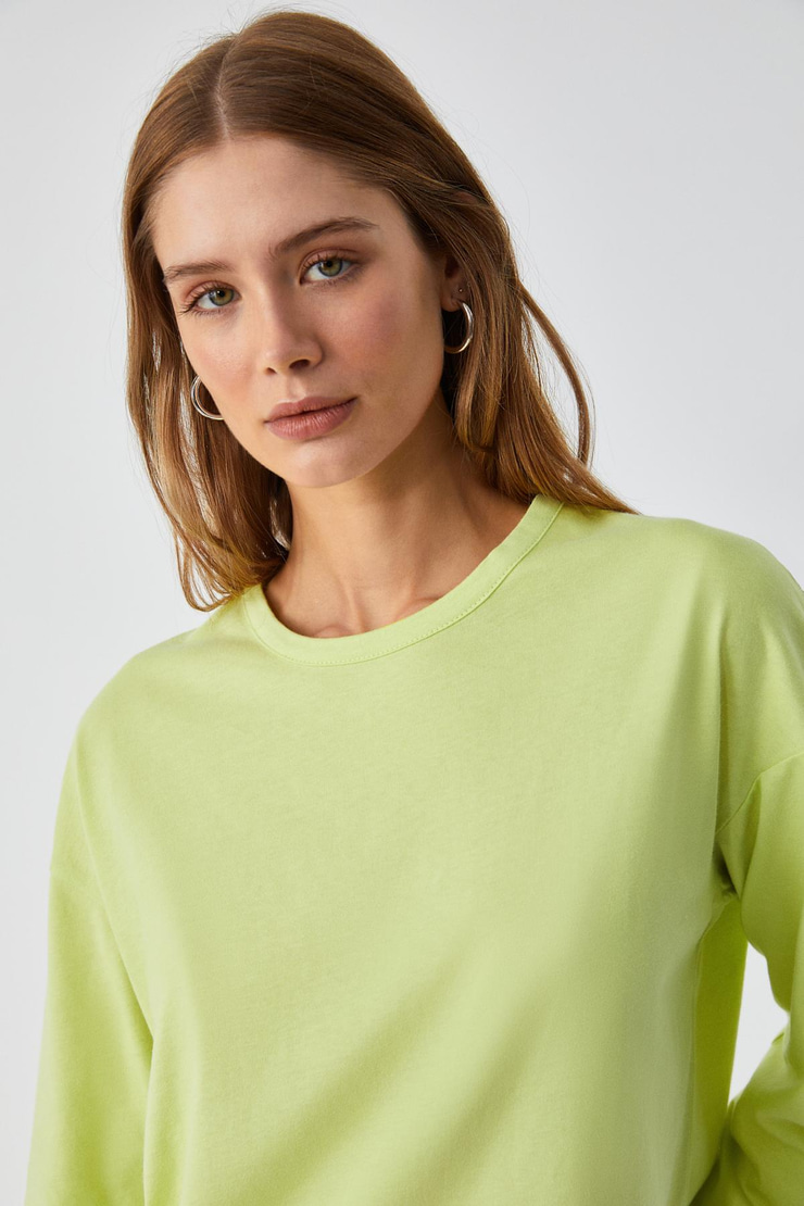 BASIL Kadını Oversize %100 Organik Pamuk Örme Uzun Kol Yeşil T-Shirt