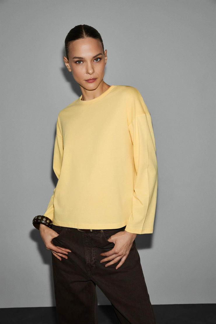BASIL Kadını Oversize %100 Organik Pamuk Örme Uzun Kol Sarı T-Shirt